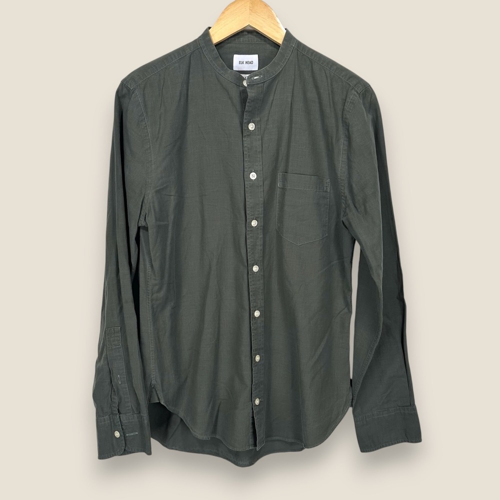 Elk Head Albiate Textile Explorers Band Collar Button Shirt Men Small Green